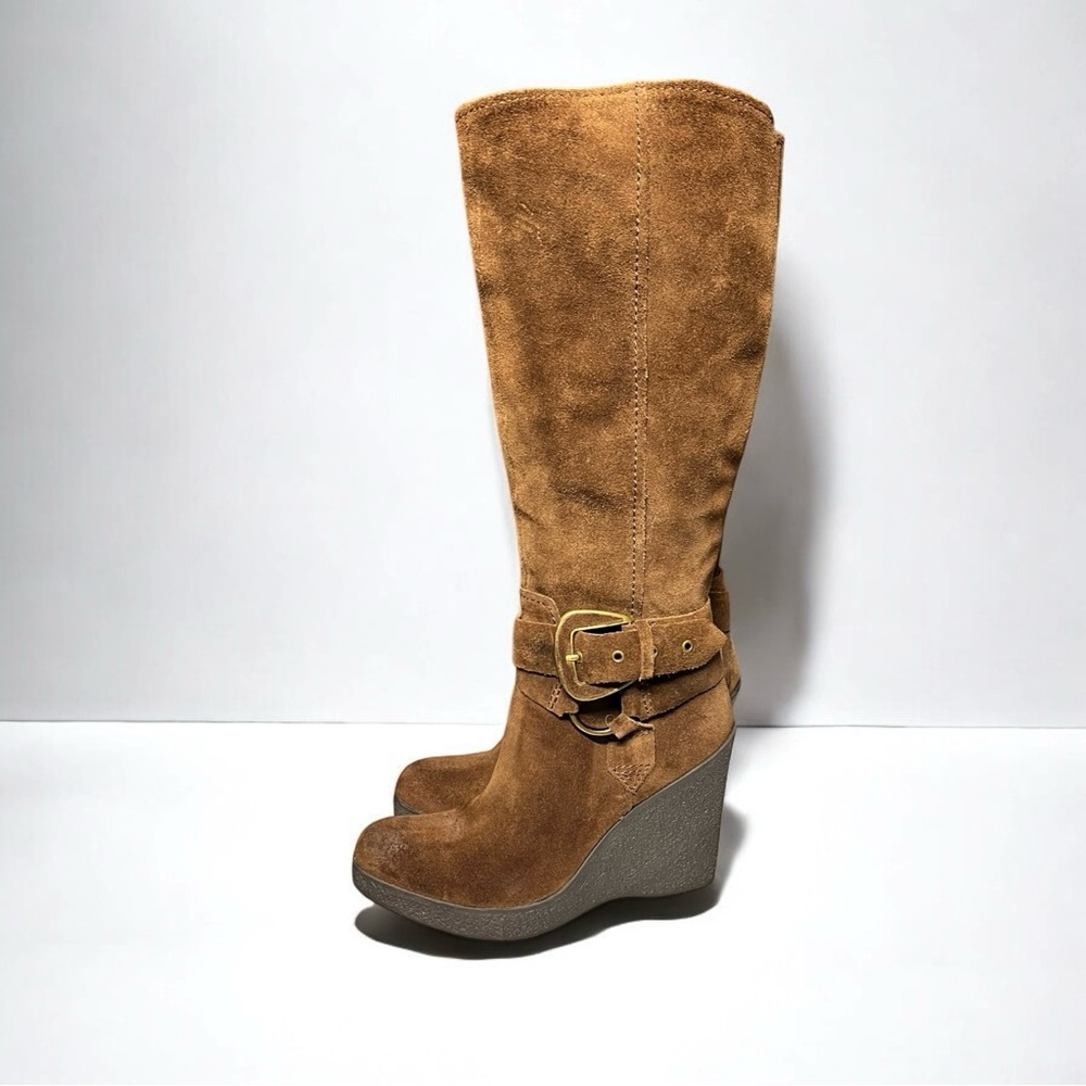 🌻Nine West R-Souza Brown Suede Leather Wedge Knee High Boots Women's Size 9
